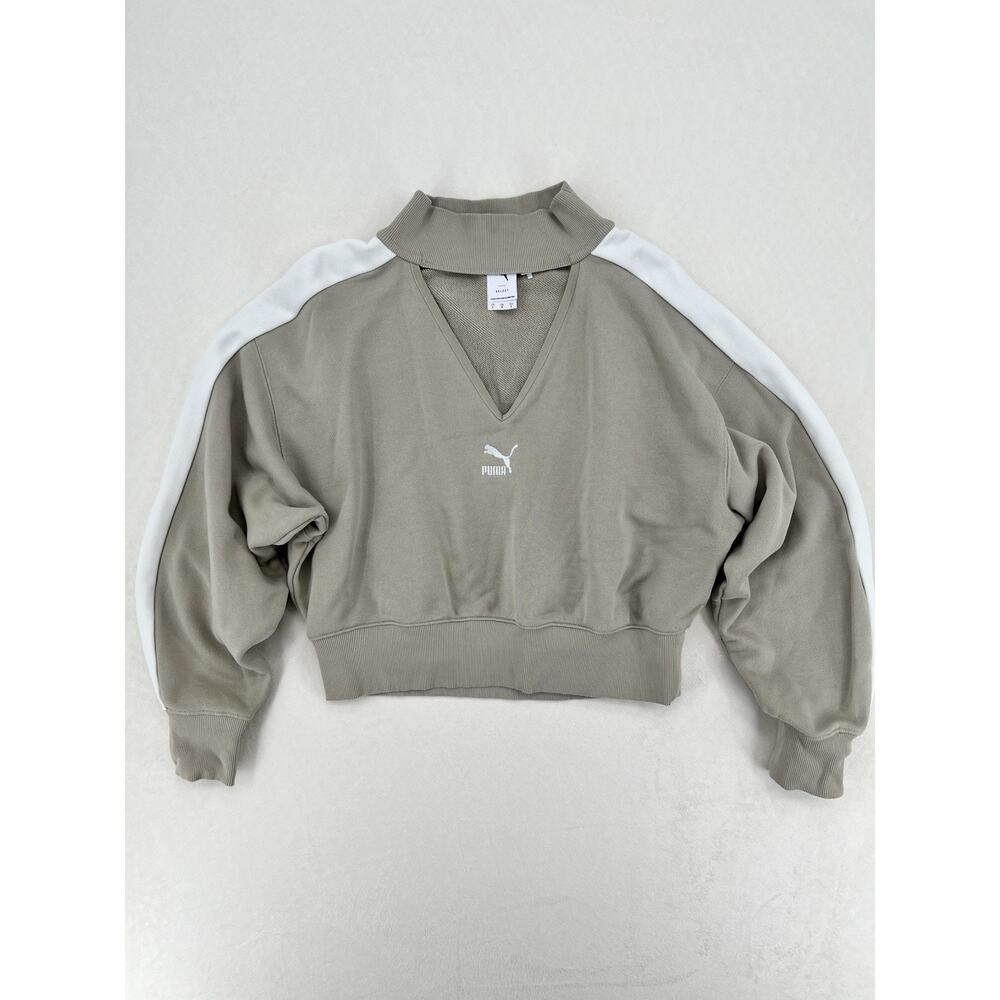 Puma Select LUXE Sport T7 Cropped Sweatshirt Womens Large Beige Choker Neck Pull